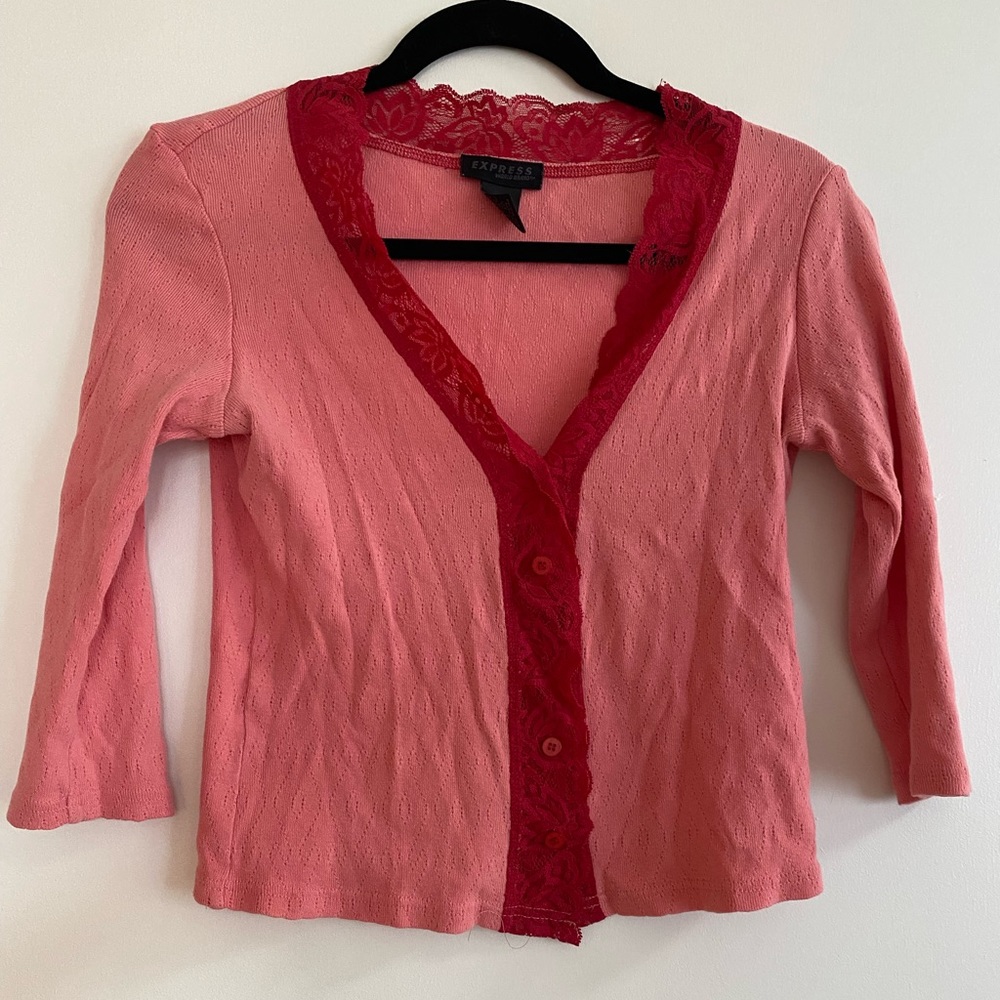 Express pink and red cardigan/top. Size M.